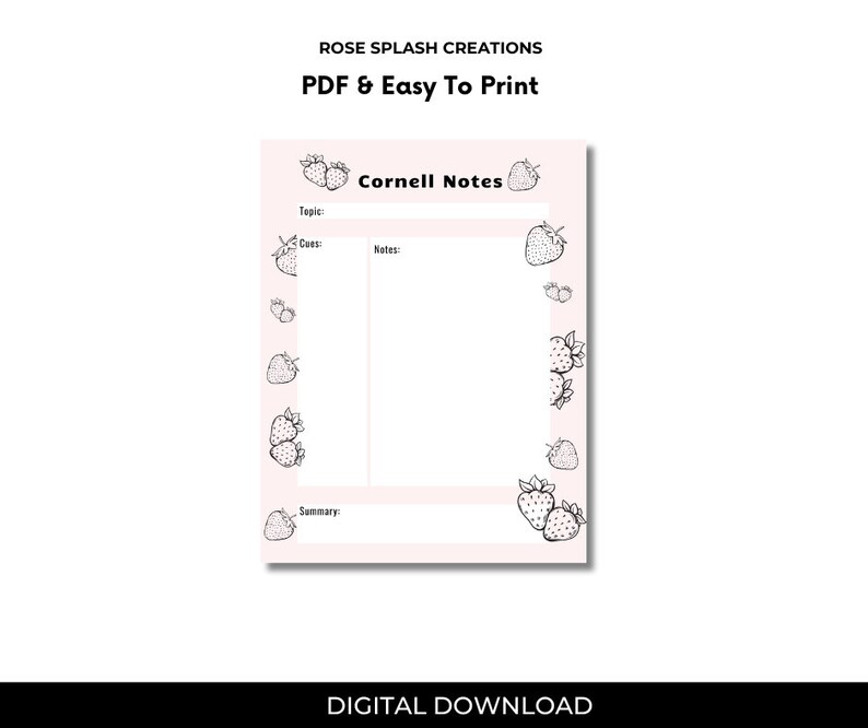 Pink Strawberry Cornell Notes Printable| Digital Download Cornell Notes ...