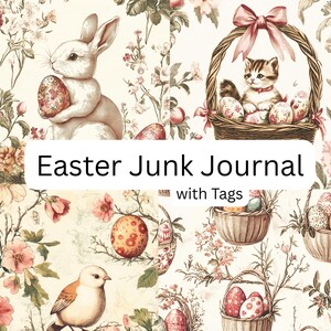 Papier pour scrapbooking de Pâques vintage avec étiquettes | 16 illustrations sur le thème de Pâques pour des carnets personnalisés et des paniers de Pâques | Imprimables de Pâques