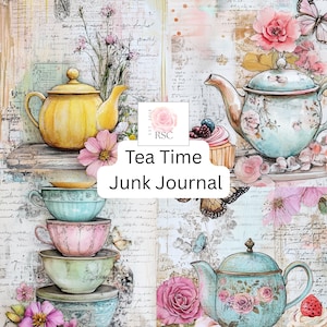 Journal indésirable de l'heure du thé | 20 illustrations pour le journal imprimable Junk Journal | PDF Théières et tasses à thé| Journal floral à l'heure du thé | Papillons PDF