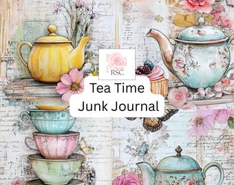 Tea Time Junk Journal| 20 Illustrations for Printable Junk Journal| PDF Teapots and tea cups| Floral Tea Time Junk Journal| Butterflies PDF