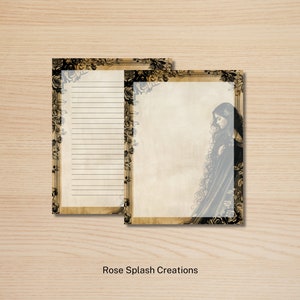 Papel de escritura gótico vintage/papelería imprimible con una mujer con una capa oscura/papel Dark Academia para escribir/páginas de diario en PDF