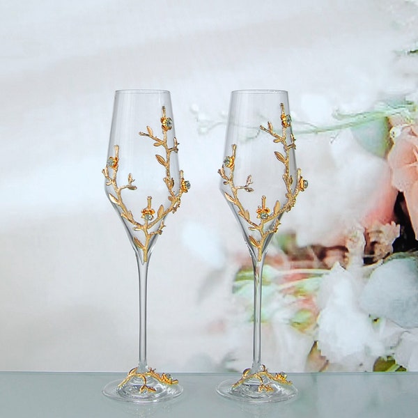 Champagne Flutes | Wedding Gold Glasses | Wedding toasting glasses | Engraved glasses