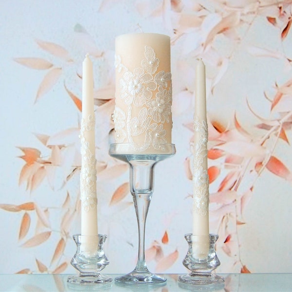 Champagne unity candle set | Beige wedding unity ceremony candles | Pillar unity candle 3 pcs