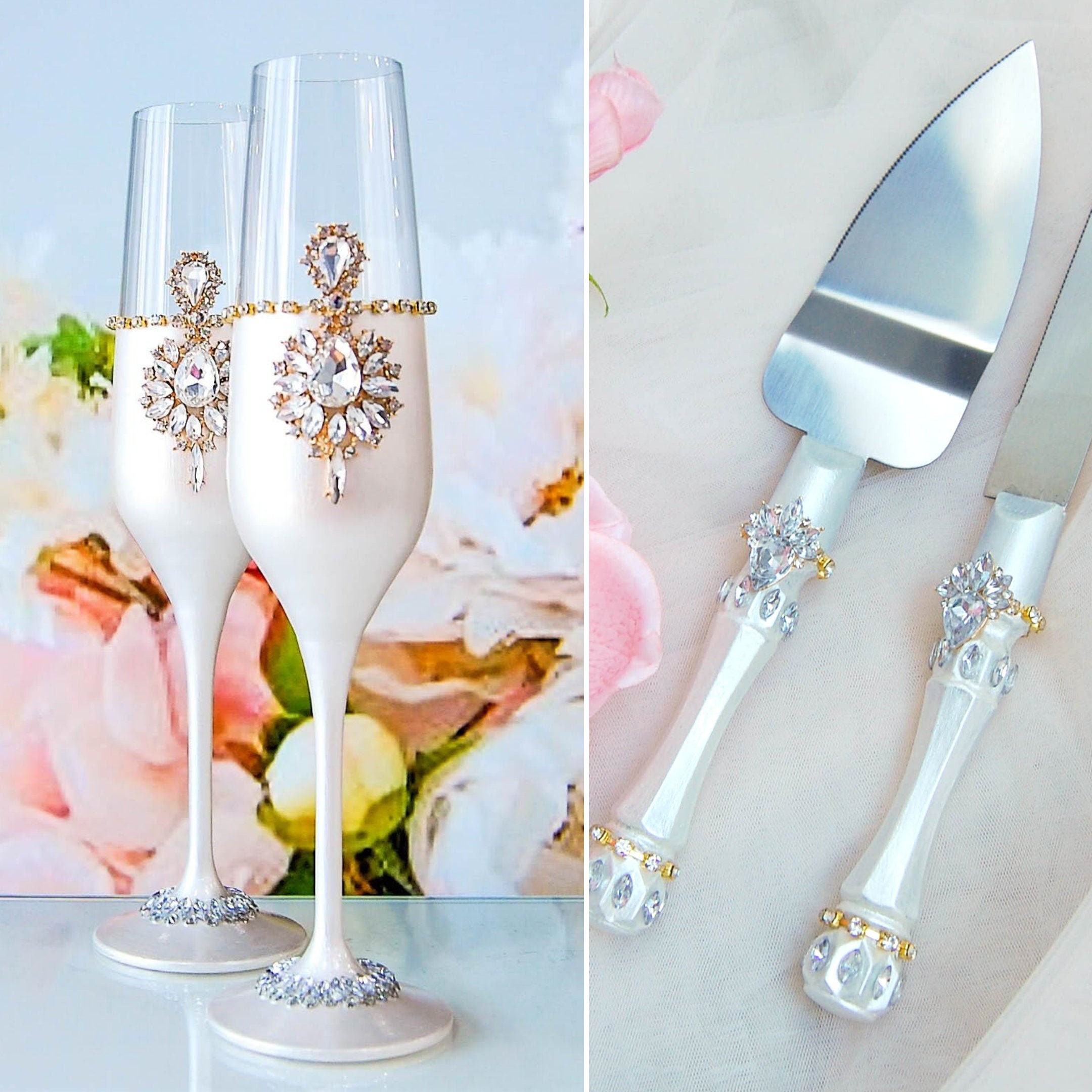 Champagne glasses and cake knife set Gold champagne flutes Etsy