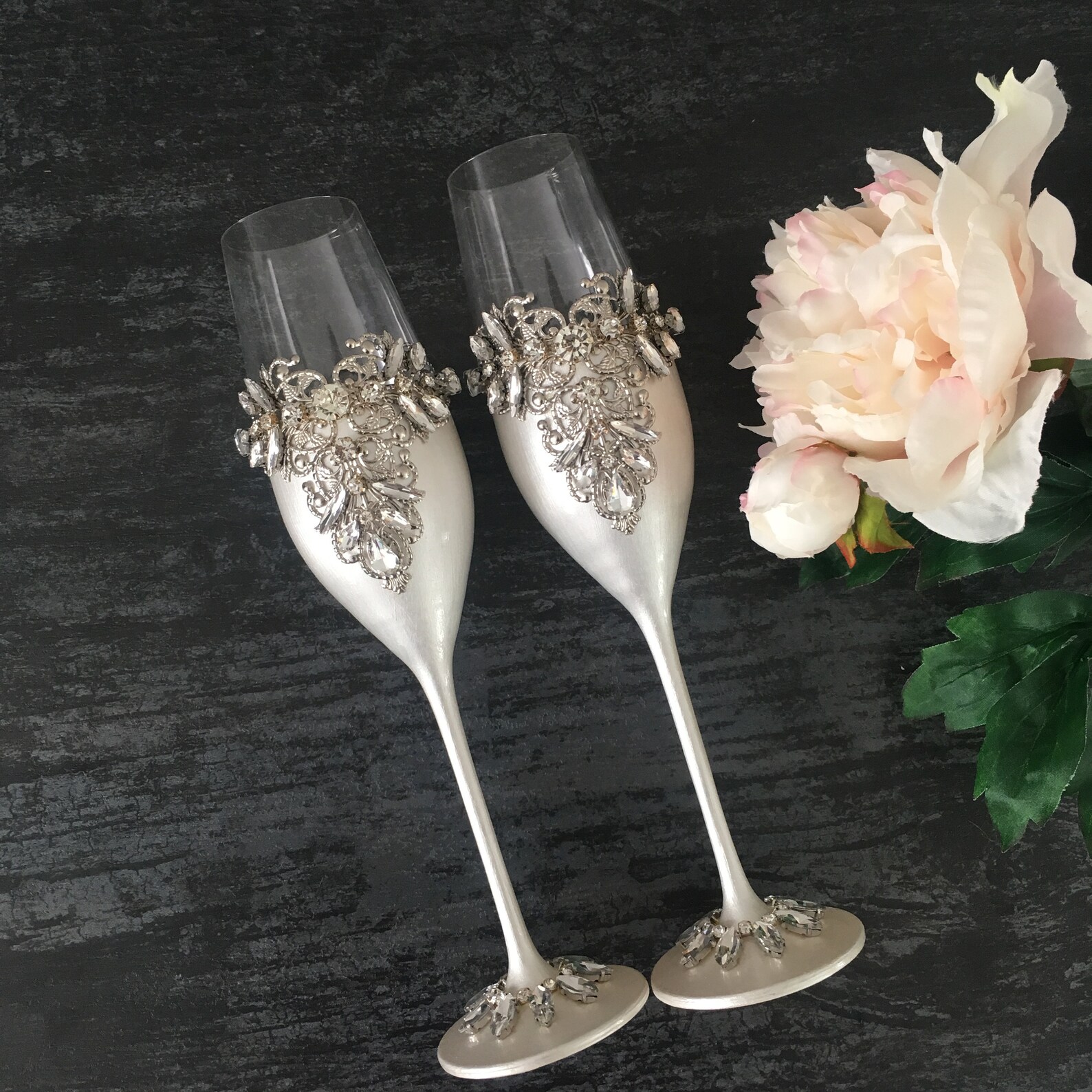 Wedding flutes Silver toasting flutes Champagne glasses Etsy