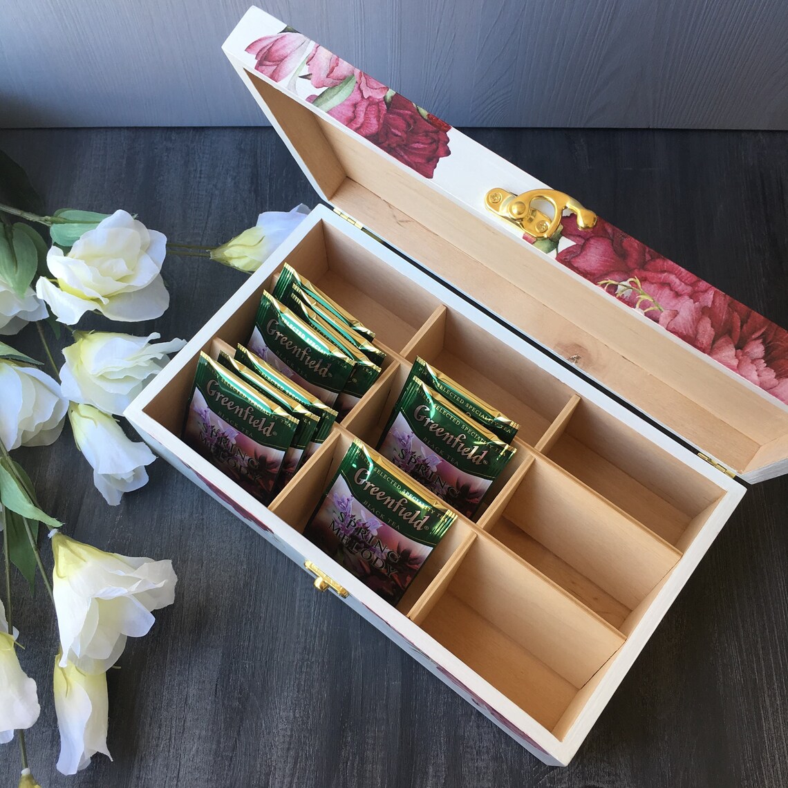 Tea Box organizer Wooden Tea Chest Tea packages holder Etsy