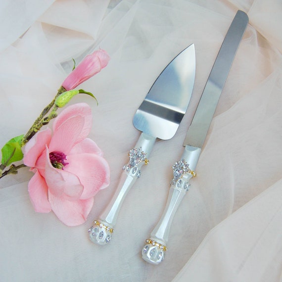 Wedding cake knife and server set White & Gold cake cutting Etsy