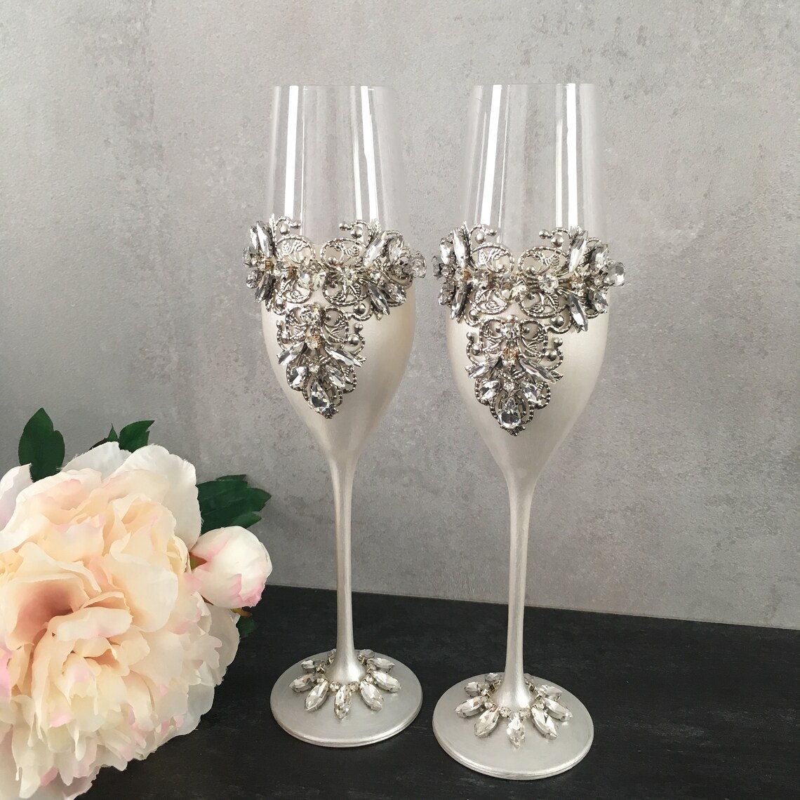 Wedding flutes Silver toasting flutes Champagne glasses Etsy