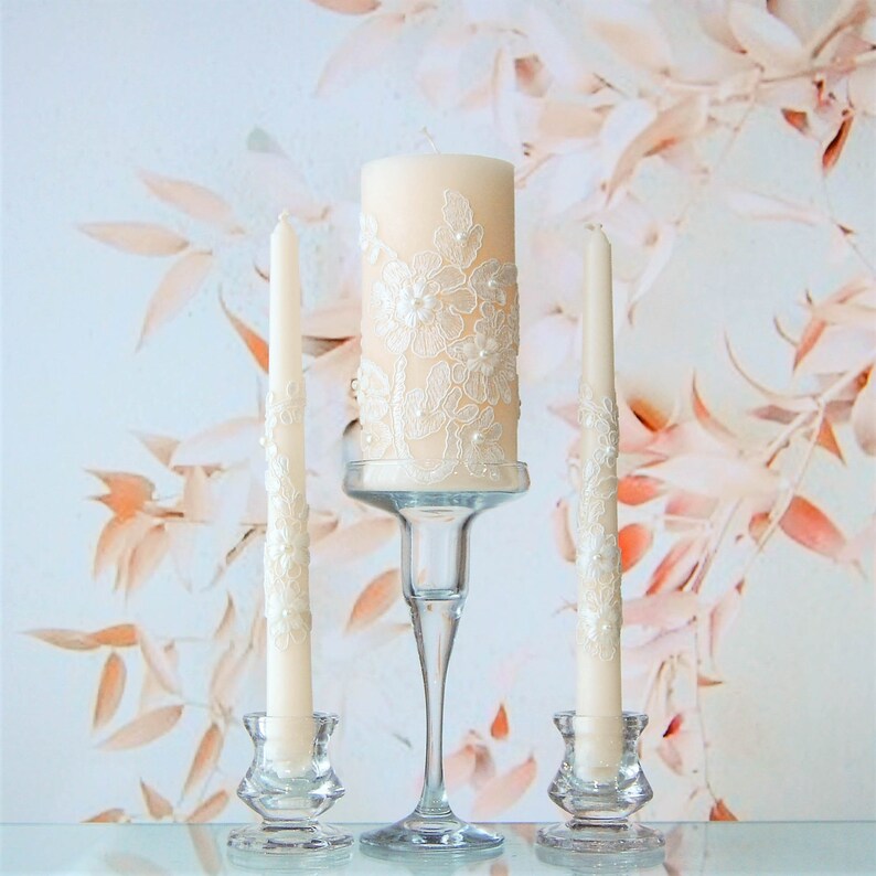 Unity candle with pearls and lace for white wedding decor. Etsy