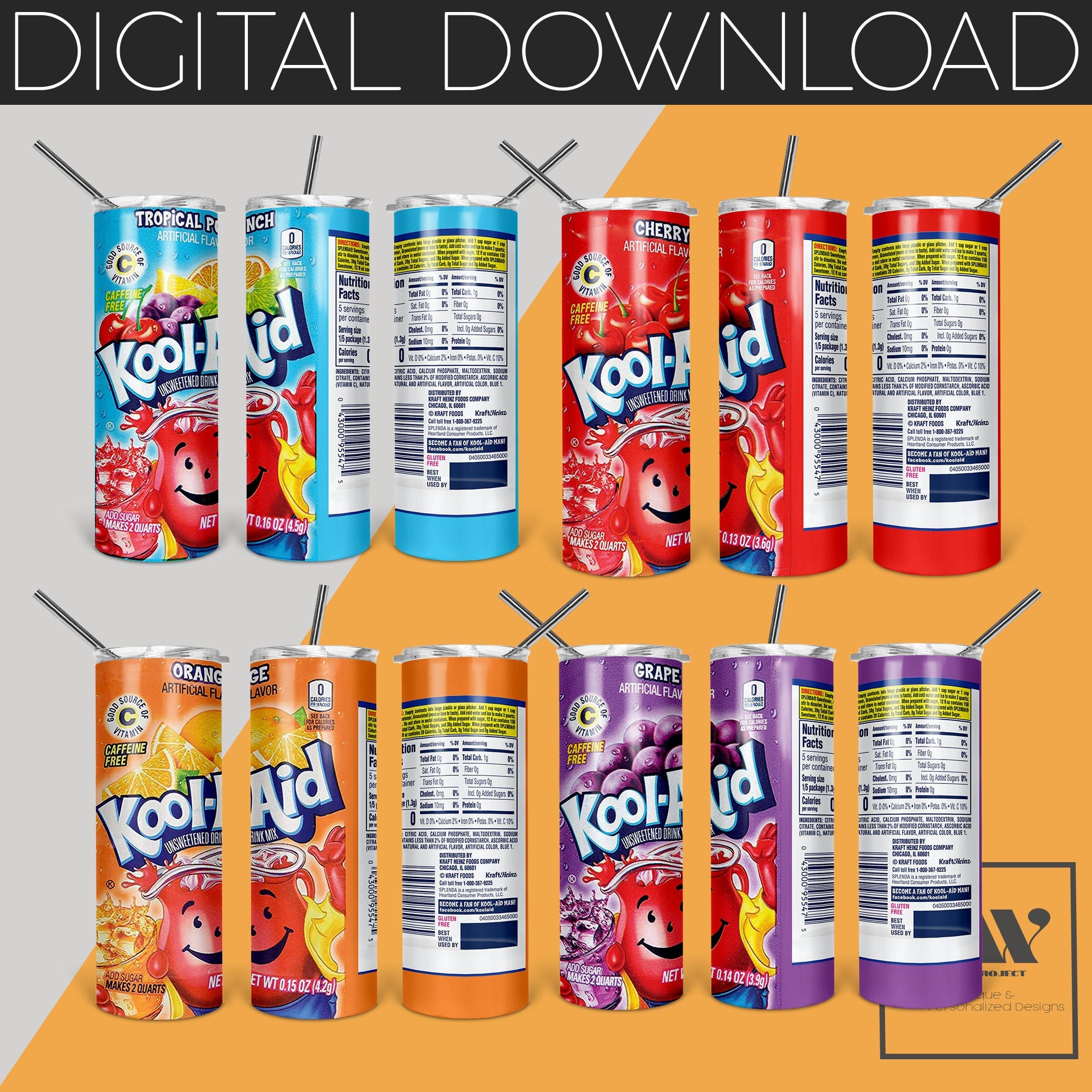 Kool-Aid 4pk - 20 oz Skinny Tumbler Design Sublimation Digital Downlo…
