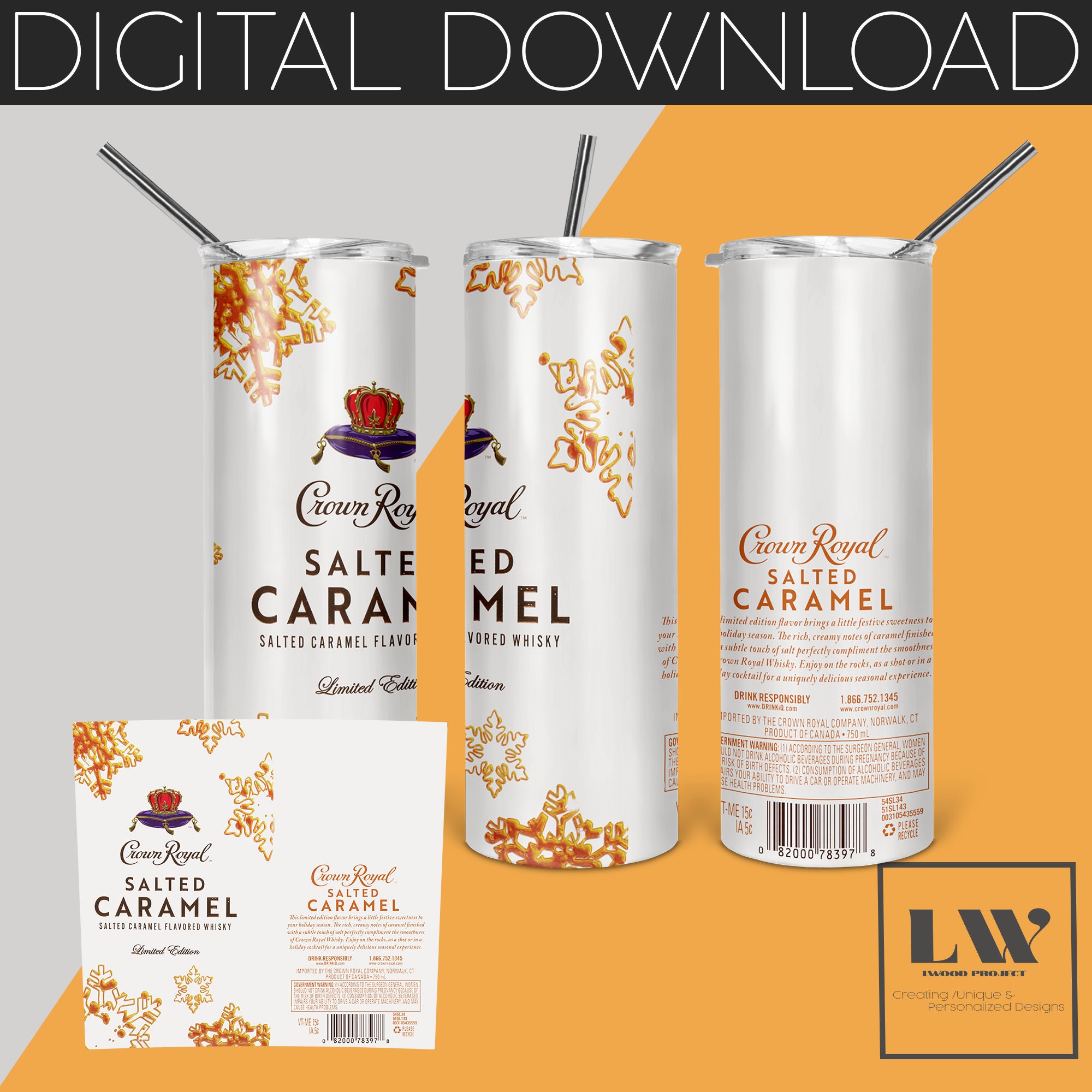 Crown Royal "Salted Caramel" 20 oz Skinny Tumbler Design Su…