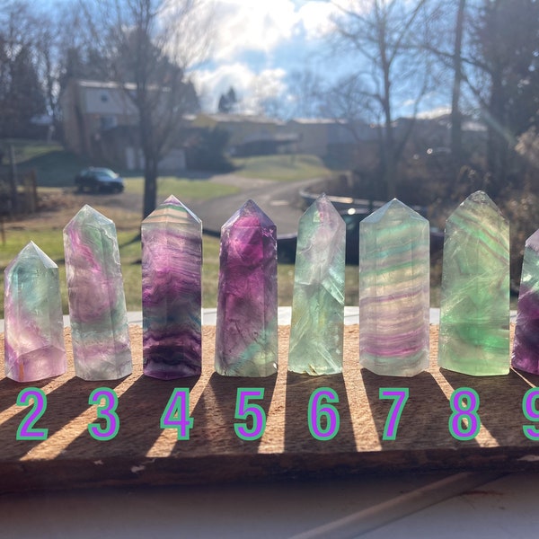 UPDATED Rainbow Fluorite towers - Prices Reduced - 45mm to 88mm tall - 1.8" to 3.5" tall - Green, Purple, Clear, Blue, Pink - Polished!
