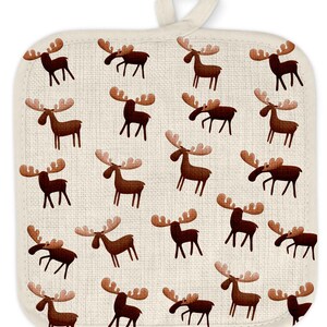 May include: A brown and white pot holder with a repeating pattern of brown moose silhouettes. The pot holder has a white loop handle.