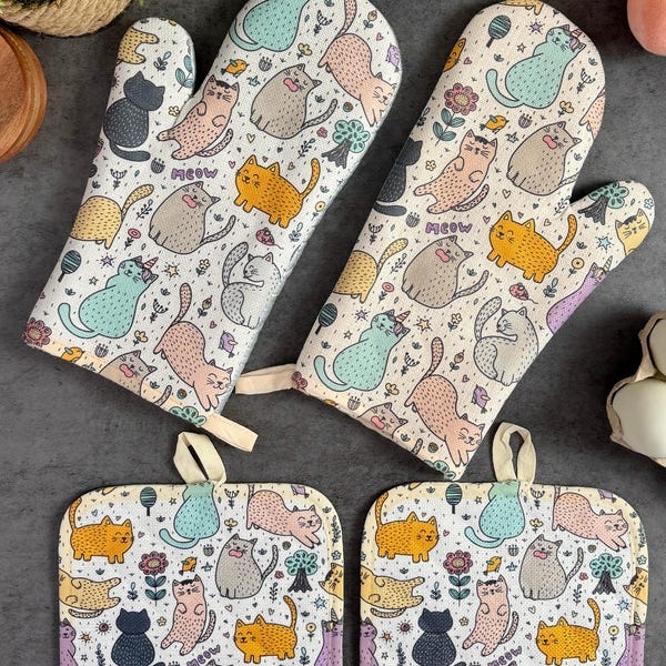 Cat Lover Kitchen Gift Set Oven Mitt Pot Holder Cooking Bundle for Baker Gift Present Kitchen Accessories Set Cat