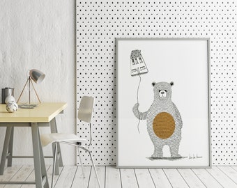 Print Art Illustration Drawing big bear animal friend Poster Digital Print Wall Art Wall Décor Wall Hanging | A4, A5