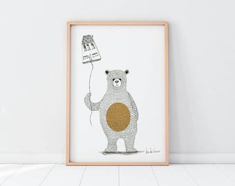 Print Art Illustration big bear with house baloon Poster Digital Print Wall Art Wall Décor Wall Hanging | A4, A5