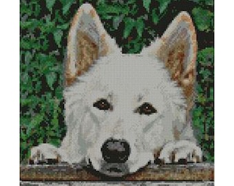 White Shepherd Alsation Dog Puppy Fence Counted Cross Stitch Kit 9" x 10"