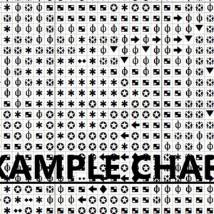 May include: Black and white cross stitch chart with symbols for a project titled "EXAMPLE CHART".