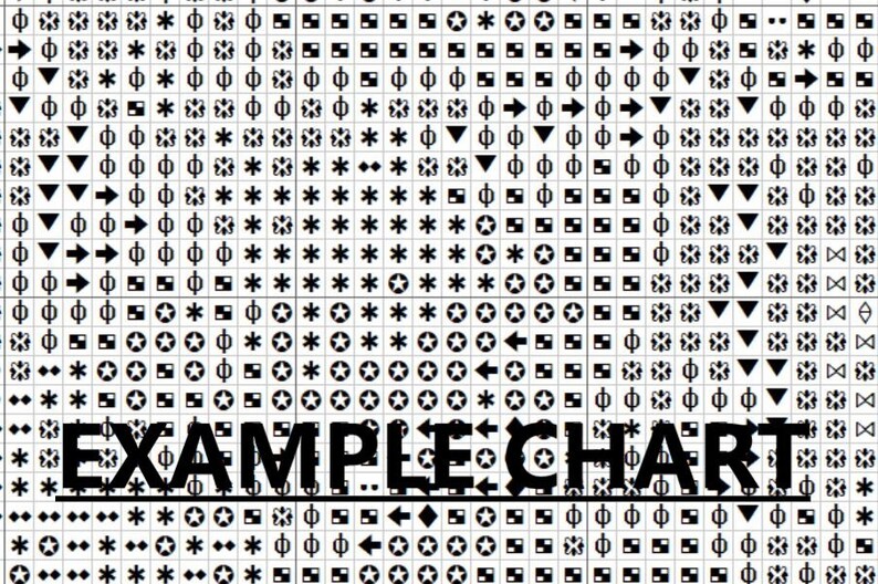 May include: Black and white cross stitch chart with symbols for a project titled "EXAMPLE CHART".