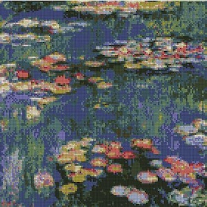 May include: A close-up of a painting depicting water lilies in a pond. The water lilies are various shades of pink, red, and white, and the water is a deep blue. The painting is done in a style reminiscent of Impressionism.