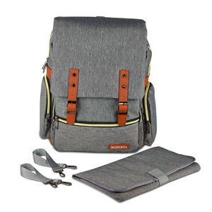 May include: Gray diaper bag backpack with brown leather accents and a yellow zipper. The bag has a changing pad and two straps with clips.
