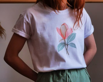 Magnolia Flower Embroidered T-shirt, Plant Lover Tee, Flower Lover Gift,  Pink Flower Top, Plant Enthusiast Gift, Plant Addict, Anthophile