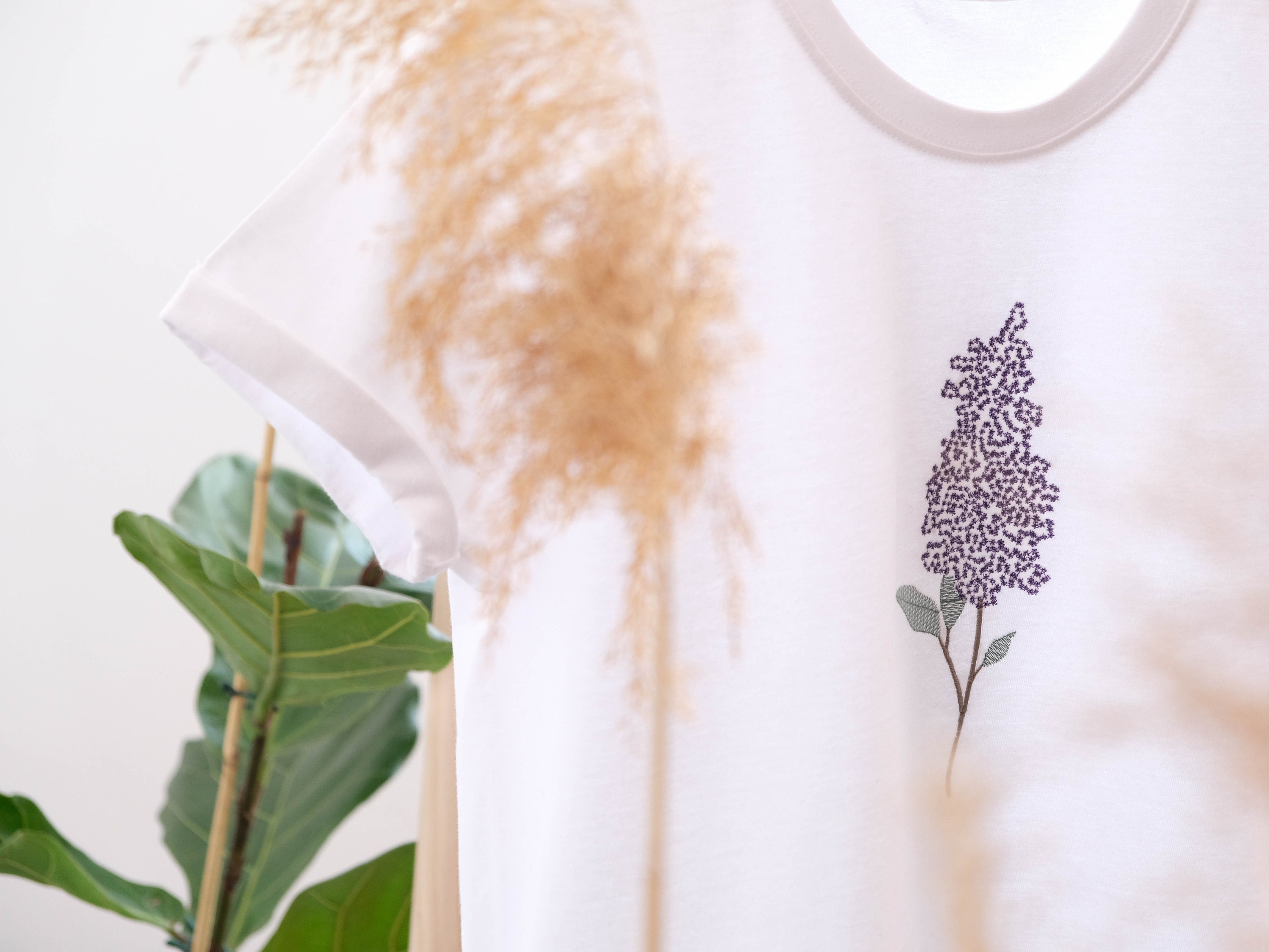 Summer Lilac Embroidered T-Shirt, Flowering Plant Embroidery on Cotton T-Shirt, Purple Flower Embroidery T-Shirt, Lilac T-Shirt