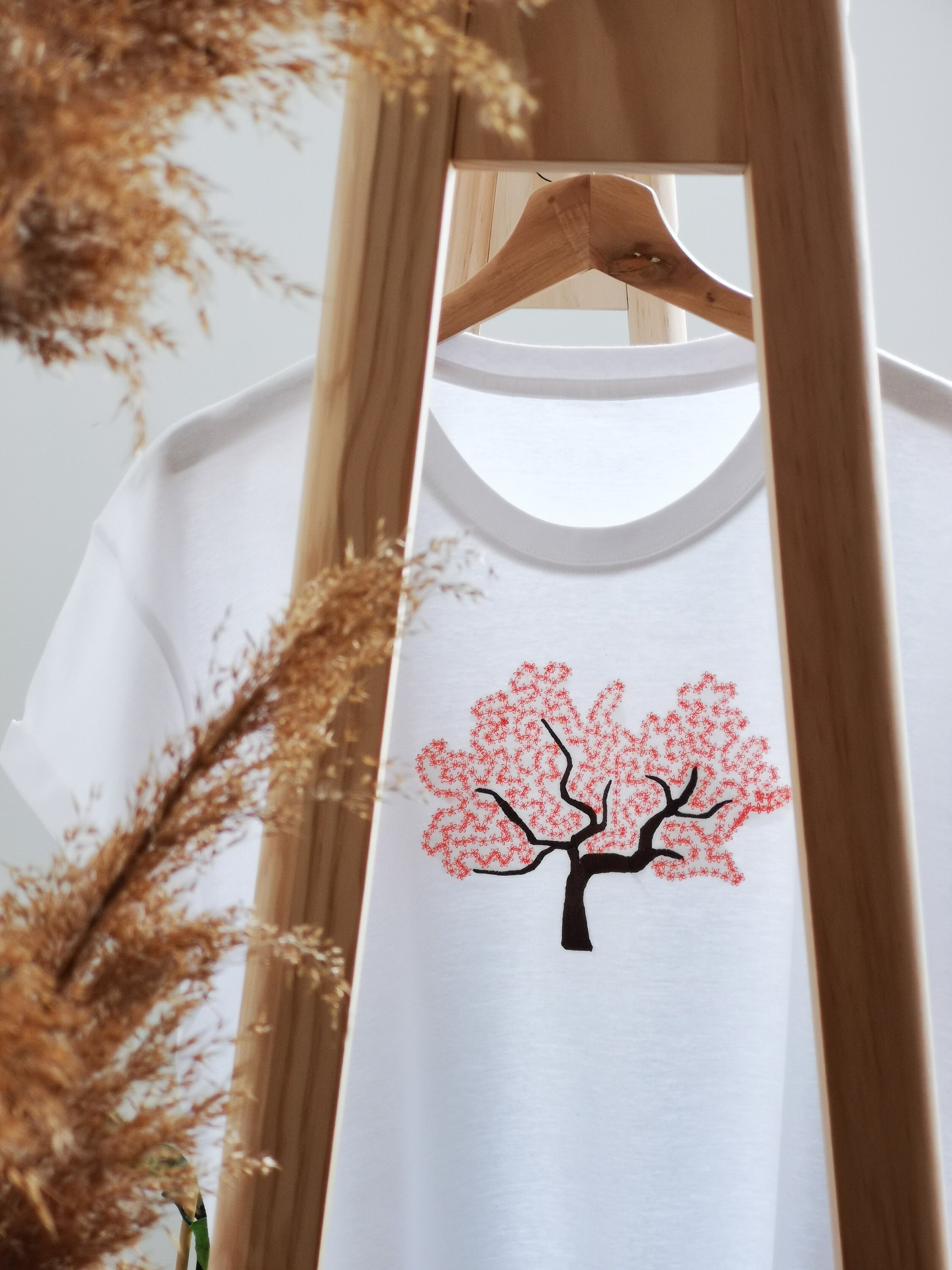 トップス tree & moon Embroidery Shirt - Sakura Cherry Blossom Tree Embroidered T-shirt, Sakura Embroidery