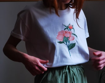 Peony Embroidered t-Shirt, Pink Peony Flower Embroidery on Cotton T-Shirt, Pink Peony Embroidery T-Shirt, Flower T-Shirt