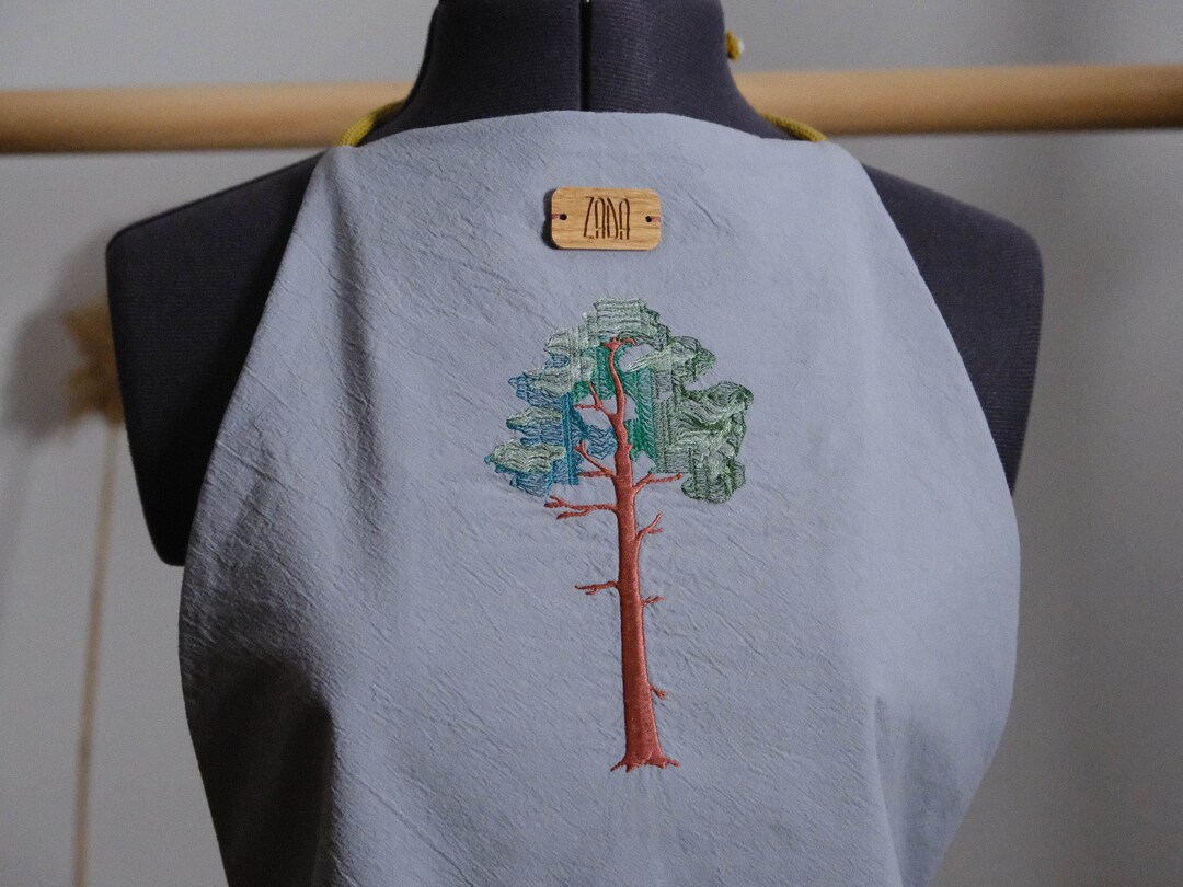 Pine Tree Embroidered Apron, Pinus Pinea Embroidery on Cotton Apron ...