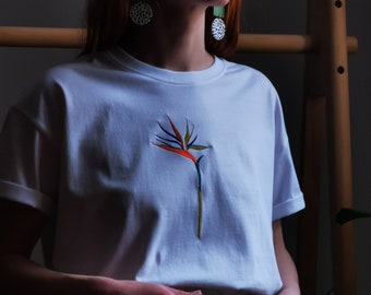 Strelitzia Embroidered t-Shirt, Strelitzia Reginae Flower Embroidery on Cotton T-Shirt, Bird of Paradise, Crane Flower Embroidery T-Shirt