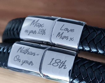 Pulsera personalizada de recuerdo para 18º y 21º cumpleaños / Pulsera de acero trenzado grabada para hombre / Regalo de Navidad en negro y marrón, 2 tamaños. Regalo para hijo.