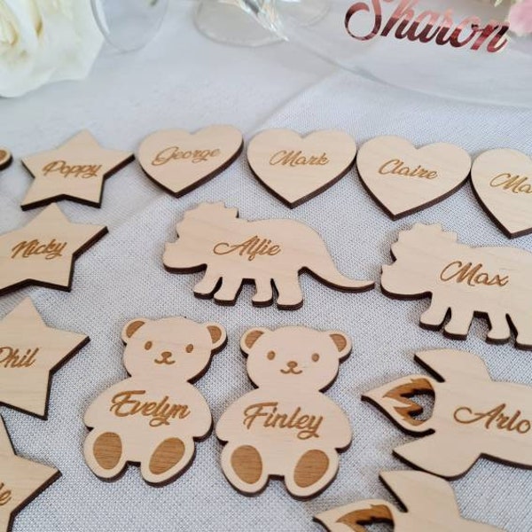 Personalised Wedding Place Tags | Wooden name,  Heart , Star , Dinosaur, Teddy Bear|  Wedding Gift Tags | Wedding Decor | Wooden Custom Tags