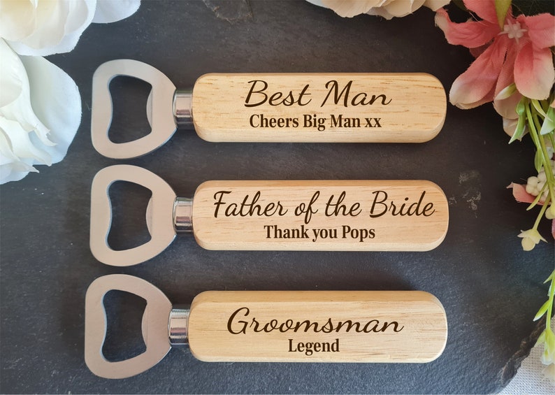 Personalised Wooden Bottle Opener Gift, Engraved Wedding Gift for Best man, Father of the Bride, Usher Groomsman Wedding day Gifts Keepsake image 3