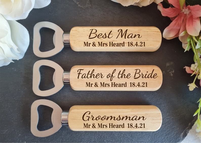 Personalised Wooden Bottle Opener Gift Engraved Wedding Gift Right Handed