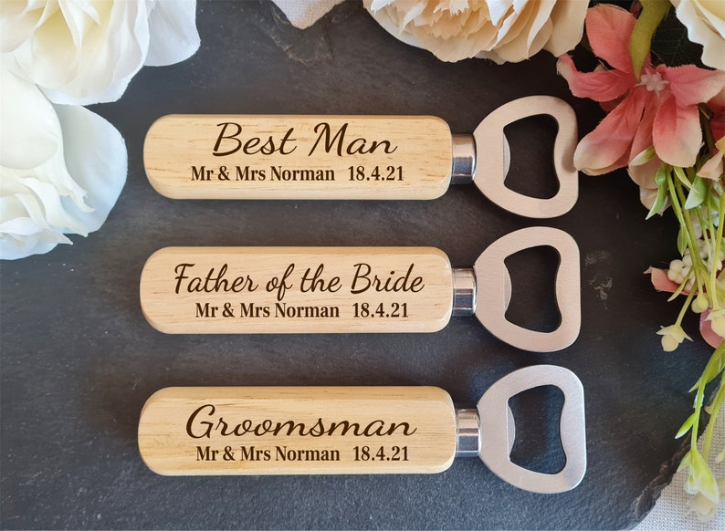 Personalised Wooden Bottle Opener Gift, Engraved Wedding Gift for Best man, Father of the Bride, Usher Groomsman Wedding day Gifts Keepsake image 2