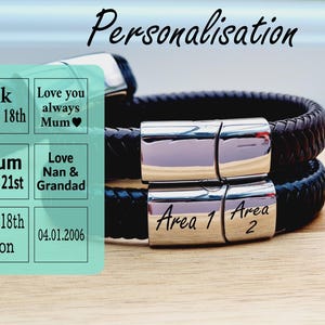 May include: A black leather bracelet with a silver clasp, featuring the word "Personalisation" above. The bracelet has a braided design. A sample of text options is shown, including names and dates.