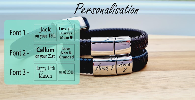 May include: A black leather bracelet with a silver clasp, featuring the word "Personalisation" above. The bracelet has a braided design. A sample of text options is shown, including names and dates.