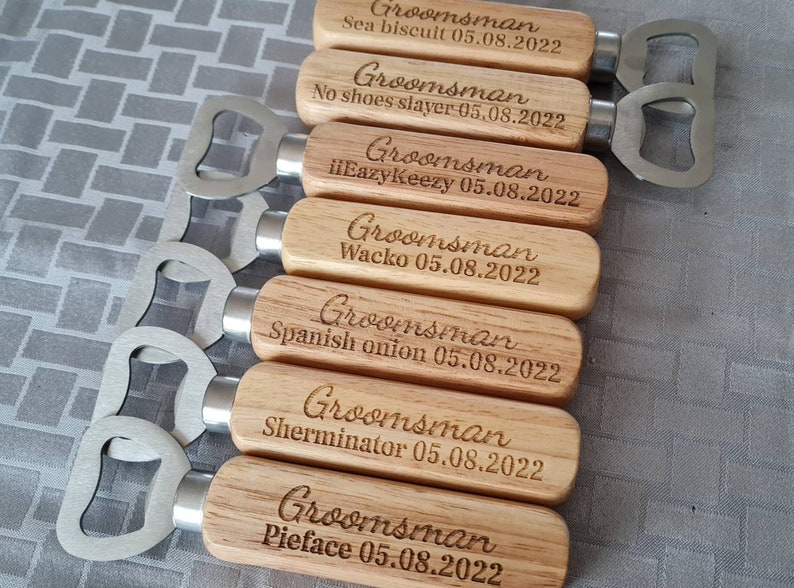 Personalised Wooden Bottle Opener Gift, Engraved Wedding Gift for Best man, Father of the Bride, Usher Groomsman Wedding day Gifts Keepsake image 9