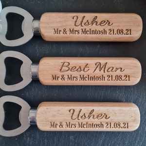 Personalised Wooden Bottle Opener Gift, Engraved Wedding Gift for Best man, Father of the Bride, Usher Groomsman Wedding day Gifts Keepsake image 4