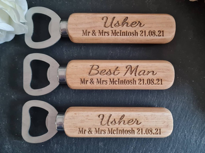 Personalised Wooden Bottle Opener Gift, Engraved Wedding Gift for Best man, Father of the Bride, Usher Groomsman Wedding day Gifts Keepsake image 4