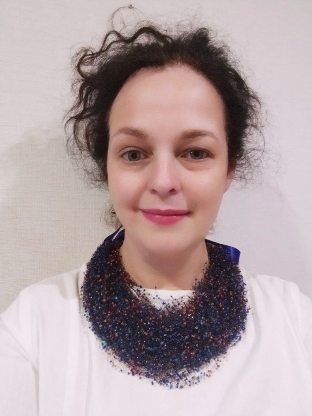 Dark Blue Necklace With Orange Beads Crochet Necklace Necklace Etsy