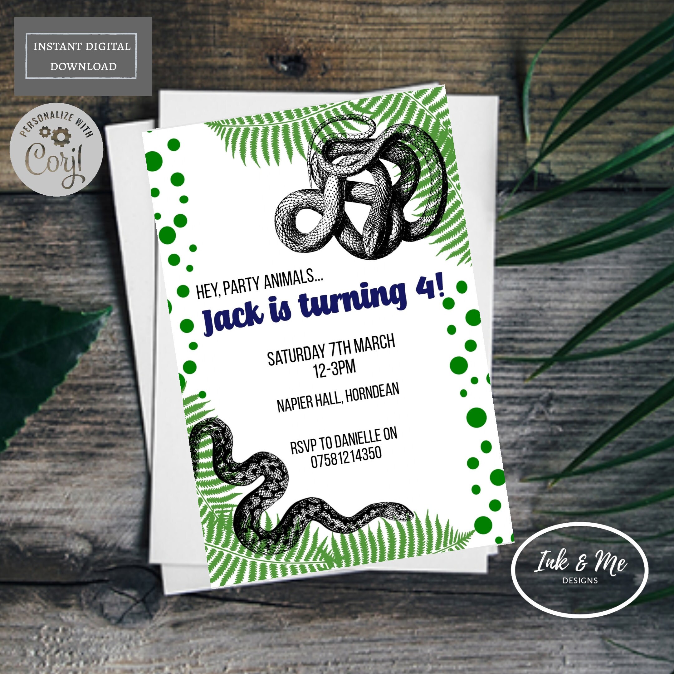 Snake Birthday Invitation 4x6 Printable Digital File. Snake Etsy