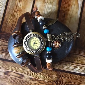 Surfer Style Watch, Boho Jewellery, Brown Leather Watch, Womens Watch, Meditation Jewellery, Seahorse Charm, Mandala Charm, Yoga Jewellery