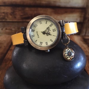 Womens Leather Watch, Ladies Watch, Bronze Anniversary Gift, Yellow Leather Watch, Leo Zodiac Jewellery, Mandala Watches, Leo Birthday Gifts