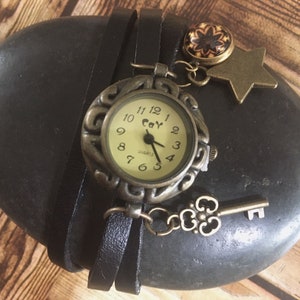 Black Leather Wrap Watch, Womens Bracelet Watch, Boho Style Mandala Jewellery, Meditation Yoga Accessories, Bronze Star Charm, Surfer Style