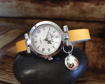 Reloj amarillo para mujer, reloj de cuero para mujer, joyería con diseño de mariposa, regalo de aniversario de cuero, joyería de verano, tercer aniversario, relojes para niña