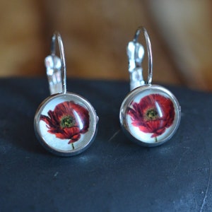 Red Poppy Earring, Minimalist Jewellery, Lever Back Earring, Red Poppy Flowers, Silver Plated Jewellery, Nickel Free, Anniversary Gift