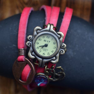 Womens Pink Leather Watch, Ladies Wrap Watch, Leather Bracelet Watch, Tree of Life Charm Jewellery, Anchor Charm Jewellery, Girls Pink Watch