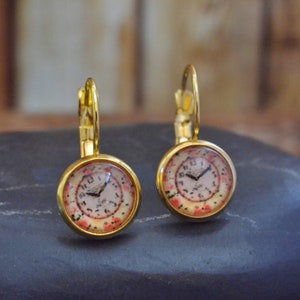 Pendiente rosa, joyería minimalista, regalo de dama de honor, pendiente con forma de reloj, pendientes con cierre de palanca, regalo de cumpleaños, pendientes para niñas, pendientes chapados en oro